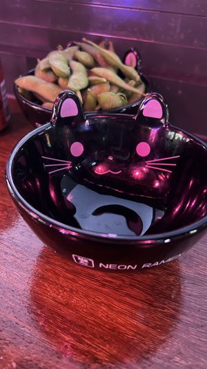 Edamame in cute kitty bowls  at Neon Ramen  in Everton Park