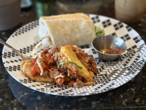 1/2 portions of Huevos Rancheros and Triple B Burrito  at Jitters Coffee Pub in Oceanside
