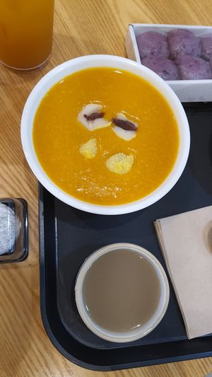 Pumpkin Porridge is vegan - but topping here contains egg! at Bizeun - 빚은 서울역점 in Seoul