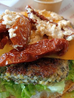 Hamburguesa vegana (queso vegano, tomates secos, hummus) at Mandronius in Viella