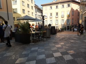 Outdoor seating at Flamel in Lugano