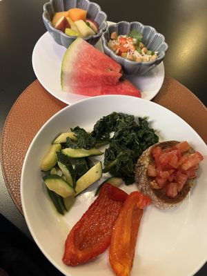 Veggies from hot bar. Fruit + salad from regular buffet  at Flamel in Lugano