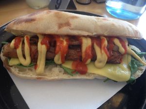 Spicy hot dog at Suzy Spoon's Vegetarian Butcher in Marrickville