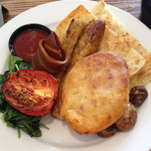 big breakfast with kale & cauliflower snags at Suzy Spoon's Vegetarian Butcher in Marrickville