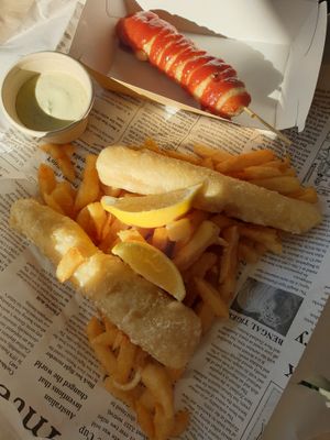 Pluto pup $10.00, Fish n chips w/tartare $18.00  at Suzy Spoon's Vegetarian Butcher in Marrickville