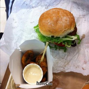 Crumbed mushrooms and burger at Suzy Spoon's Vegetarian Butcher in Marrickville