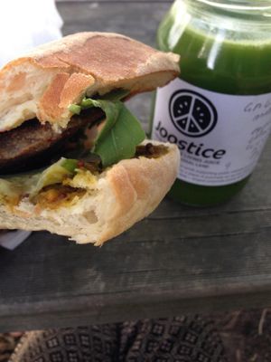 Joostice juice and vegan sandwich. at Suzy Spoon's Vegetarian Butcher in Marrickville