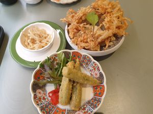 Burdock salad, Fried mushroom, Okra tempura at Midori By Tao's   in Balwyn North