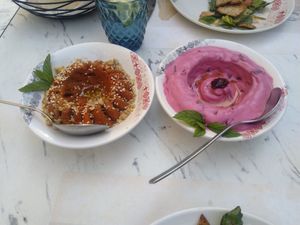Beetroot hummus and muhamara at Habib Beirut in Amman