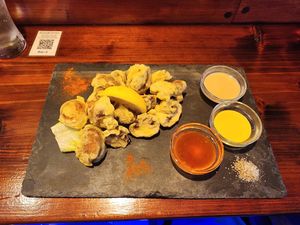 Mushroom Tempura with 3 Vegan Sauces at Mr Kato in Chatan