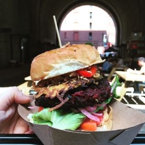 Burger at Chickpea & Olive in Brooklyn