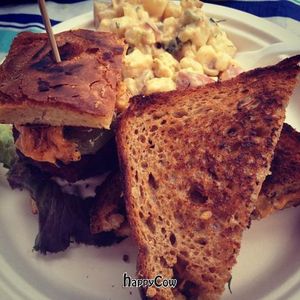 Chipotle Cheddar Mushroom Melt, Phatty Beet Slider, Fingerling Potato Salad. at Chickpea & Olive in Brooklyn
