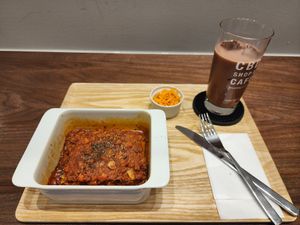 Lasagne and an iced soy milk chocolate at HealthyTOKYO CBD Shop & Cafe - Shinjuku in Tokyo