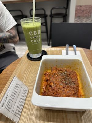 Vegan Lasagna and Iced Matcha Soy Lattee  at HealthyTOKYO CBD Shop & Cafe - Shinjuku in Tokyo
