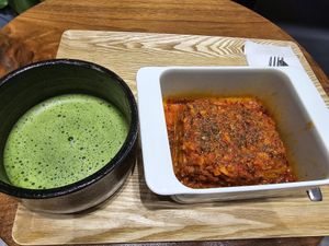 Lasagne, hot matcha. at HealthyTOKYO CBD Shop & Cafe - Shinjuku in Tokyo