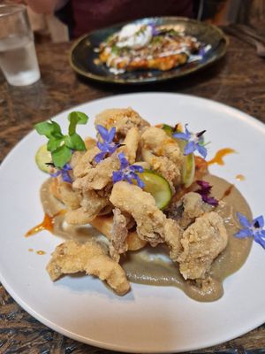"Mushroom Crispy fried oyster mushroom, waffle, mushroom gravy, spicy maple." at Higgs Field Restaurant in Kilkenny