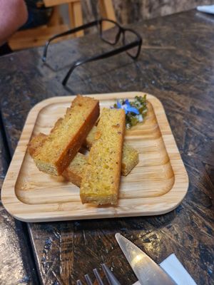 "Toasted cornbread, scallion relish." at Higgs Field Restaurant in Kilkenny