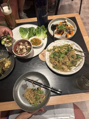 Lettuce wraps, spinach dumplings, Singapore noodles  at PLANTA Queen in Washington