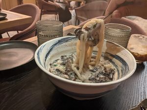 Udon Noodles.  Super yummy! Super warm and cozy feel good dish ^_^ at PLANTA Queen in Washington