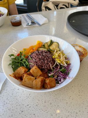 Vegan Spring Bibimbap with Braised Tofu and Gochujang Dressing. at Ohsun in Seattle