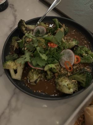 Charred broccoli with carmelised chili sauce   at Lotus in Highgate