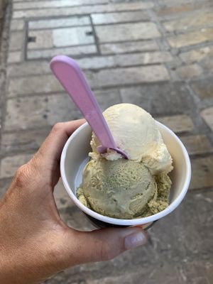 Pistachio and vanilla- both vegan and really good  at Sa Gelateria - Alcudia in Mallorca