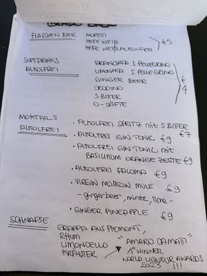 One of the many drink menu pages (non alcoholic cocktails)  at Grado Babo in Berlin