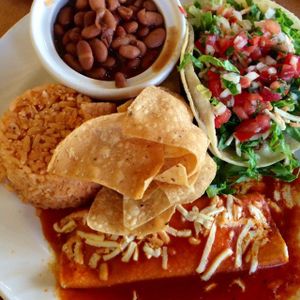 Soy ground beef and Daiya cheese enchilada combo at Tacos Cancun in Costa Mesa