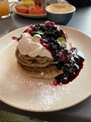Buckwheat pancakes with blueberries and lemon vegan mascarpone   at Greasy Spoon - Södermannagatan in Stockholm