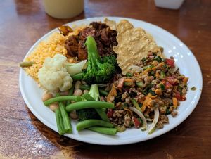 Plate of various dishes from the buffet at Super Vegetariano - Calle Valentin Gomez Farias in Morelia