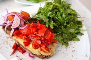 Delicious bruschette, olives, tomato and pepperoni. at The Hive in West London