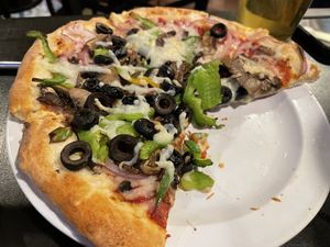 Vegetarian pizza with vegan cheese. Very good!  at Giovanni's Restaurant and Bar in Mammoth Lakes