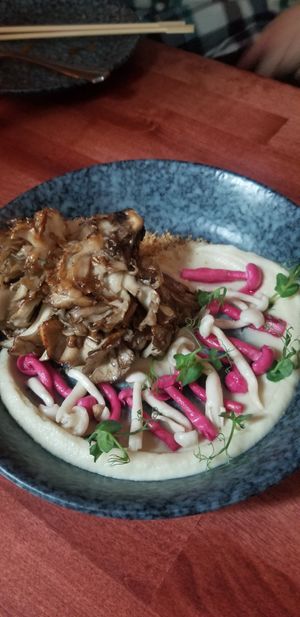 This is the Hen of the Woods with celery root puree! The other photo is actually the Blue Oyster Mushroom with celery & fennel porcini puree, oops! at Third Kingdom in New York City