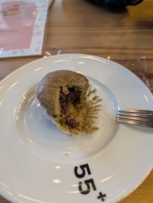 Matcha muffin with red bean filling at 55+ カフェ in Osaka