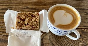 Vegan Crumble an Cappuccino with oat milk  at Cafe Vatnajökull in Vatnajoekull National Park