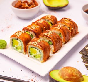 Vegan Unagi Sushi.
These unagi sushi are vegan version of classic unagi sushi with the difference that all ingredients are vegan and made without sugar or vinegar at Dobro Top Vegan   in Dubai