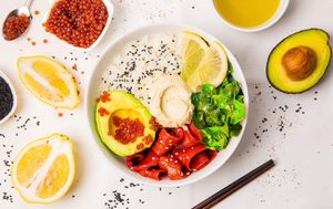 Red Vegan Non-fish Bowl.
Vegan non-fish, vegan non-caviar, cream-cheese, white rice, half of avocado dipped in sesame seeds, trio salad, rocket salad, lemon, olive oil. at Dobro Top Vegan   in Dubai