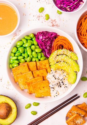 Tofu Bowl.
Bowl with tofu fried in spices, edamame, avocado, fresh veggies in a peanut sauce. White rice, black rice or red quinoa on your choice. Tofu, edamame, avocado, carrot at Dobro Top Vegan   in Dubai