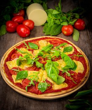 Vegan Pizza Margherita.
Classic Italian Margherita pizza made with all vegan ingredients and yeast-free at Dobro Top Vegan   in Dubai