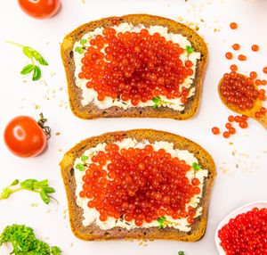 Vegan Red Caviar and Cream-cheese Toast.
It’s hard to believe, but our red caviar is absolutely vegan! Try it with 100% vegan cream-cheese on a gluten-free toast., vegan non-cav at Dobro Top Vegan   in Dubai
