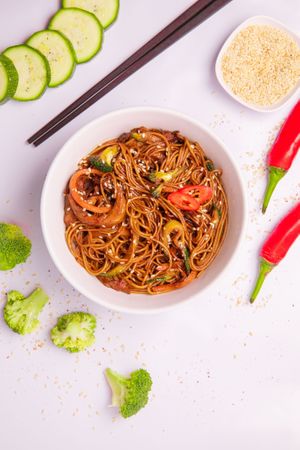 Yaki Noodles.
Stir fried Japanese udon noodle dish made with mix of vegetables. Vegan non-chicken, noodles, carrot, broccoli, zucchini, yaki sauce. at Dobro Top Vegan   in Dubai
