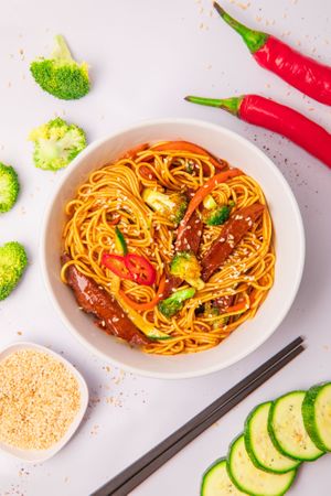 Tonkazu noodles with vegan non-meat.
 at Dobro Top Vegan   in Dubai