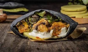 Pita Saint Germain.
Vegan non-chicken, mushrooms and mozzarella cheese mixed with our homemade mushroom sauce stuffed in a green antioxidant pita.  at Dobro Top Vegan   in Dubai