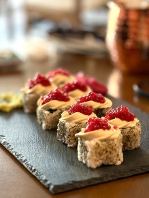 “Not caviar” Cream Cheese Sushi 🍣   at Dobro Top Vegan   in Dubai
