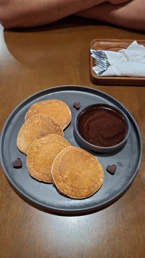 Gluten free pancakes, vegan. Chocolate sauce at Dobro Top Vegan   in Dubai