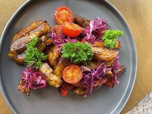 Happy cow „non meat“ with potatoes   at Dobro Top Vegan   in Dubai