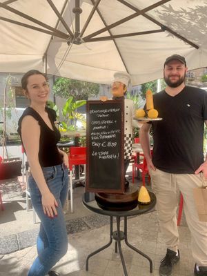 We couldn't resist the photo of the phallic arancini! - April 2024 at Vegan Food Tour Ortigia in Siracusa