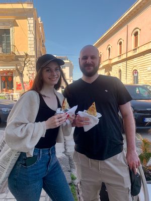 Learn the interesting history of this Sicilian "pizza" -April 2024 at Vegan Food Tour Ortigia in Siracusa