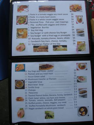 menu at Los Tres Gatos in La Fortuna