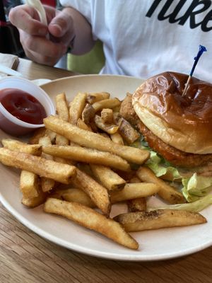 Burger and fries at Veggie Grill by Next Level - University Village in Seattle